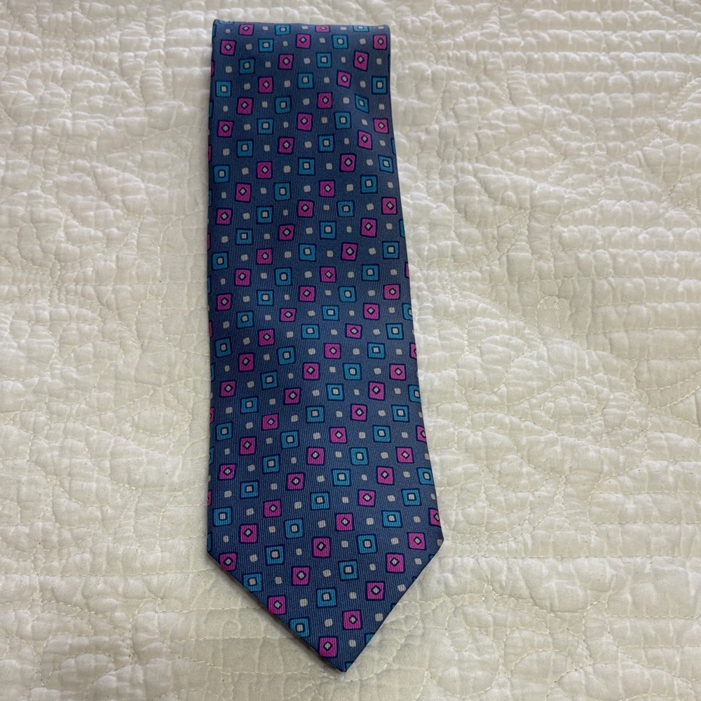 Charvet Silk Blue Pink Periwinkle Square Geometric Men's Tie Made in France